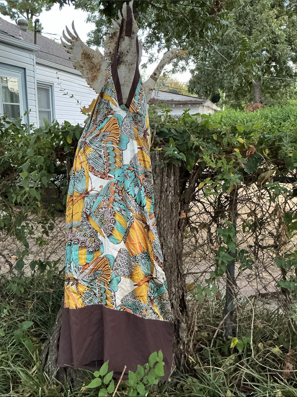 Burning Torch Teal, Yellow & Brown Halter Maxi Dress, Silk